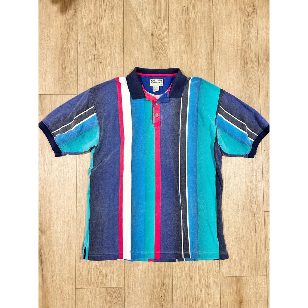 y2k 90s Cotton Traders Men XL Polo Shirt Blue Teal Magenta Vertical Stripe Retro